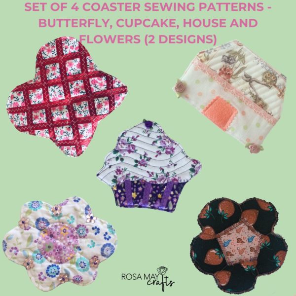 Magical butterfly, flowers, cupcake and home coaster 4 sewing patterns,